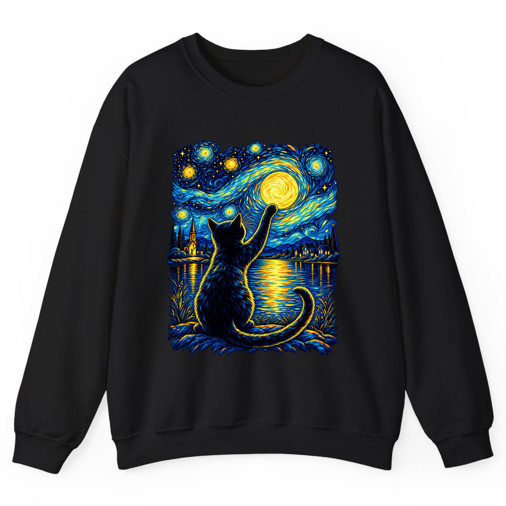 Starry Night Cat Reaching for the Moon Crewneck Sweatshirt - Black