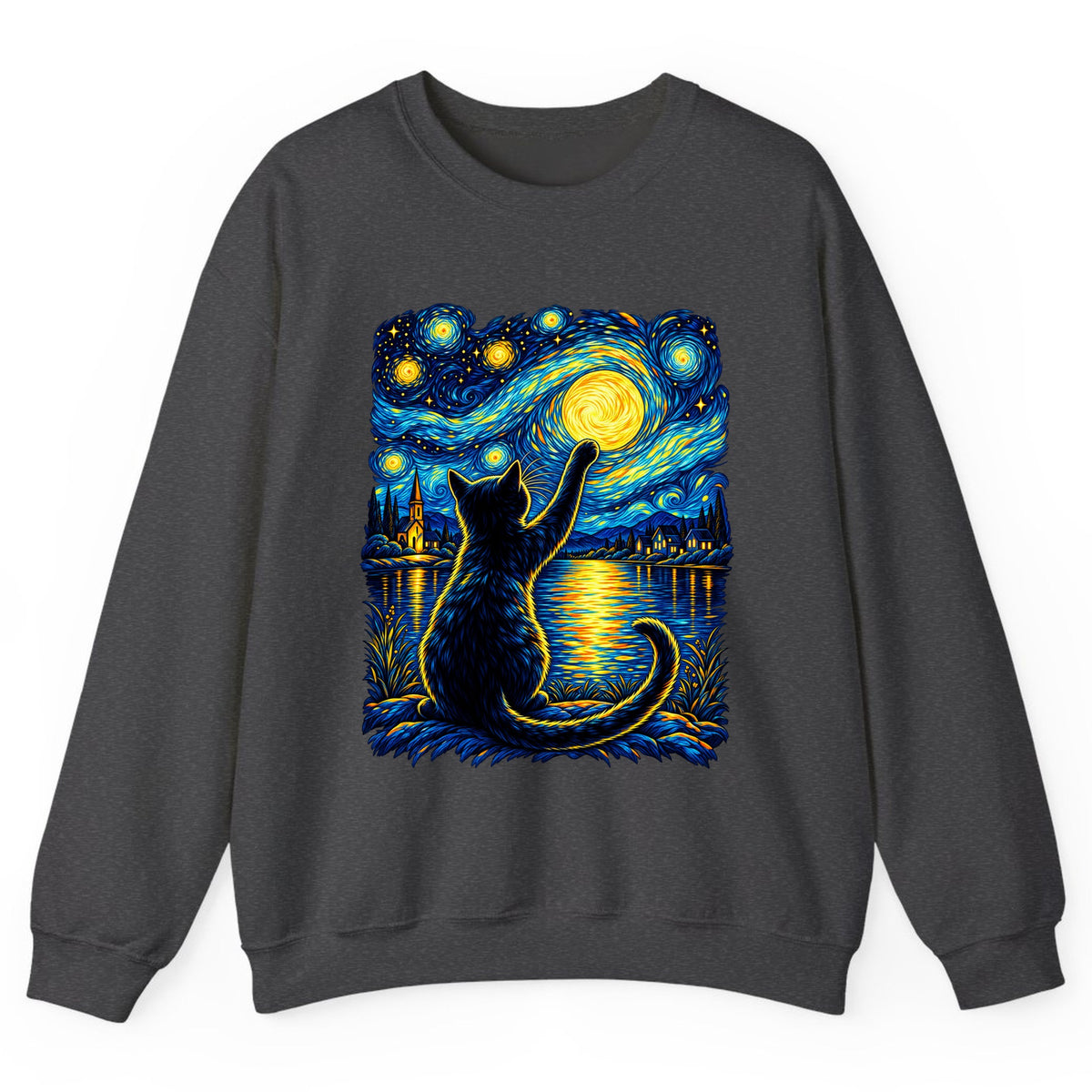 Starry Night Cat Reaching for the Moon Crewneck Sweatshirt - Dark Heather