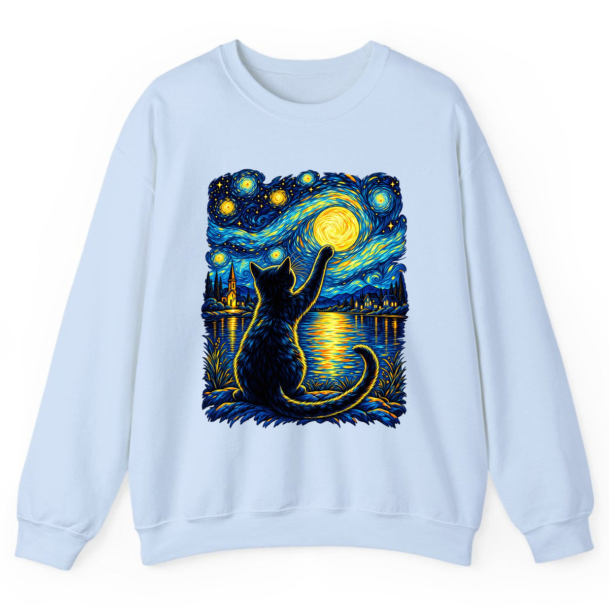 Starry Night Cat Reaching for the Moon Crewneck Sweatshirt - Light Blue
