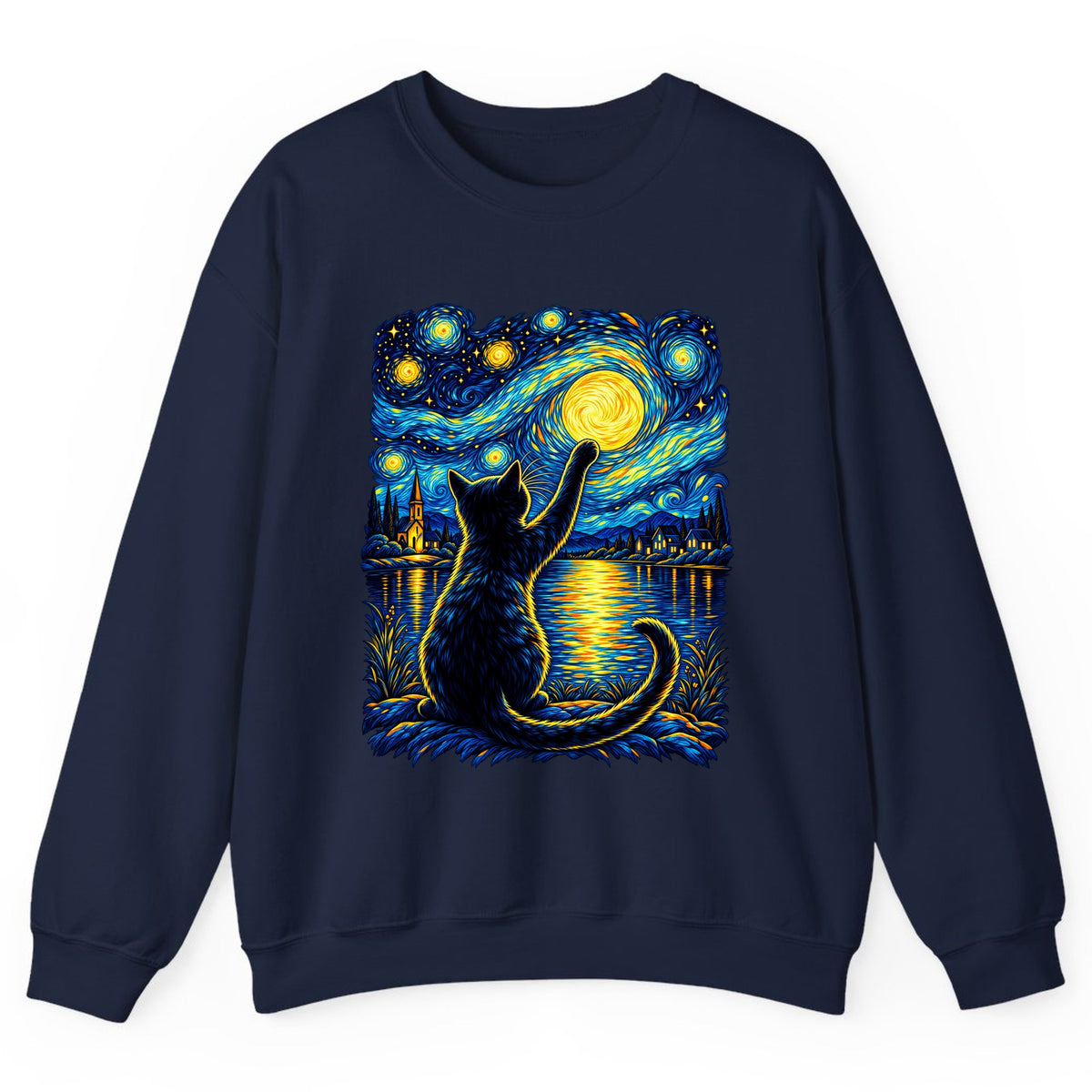 Starry Night Cat Reaching for the Moon Crewneck Sweatshirt - Navy