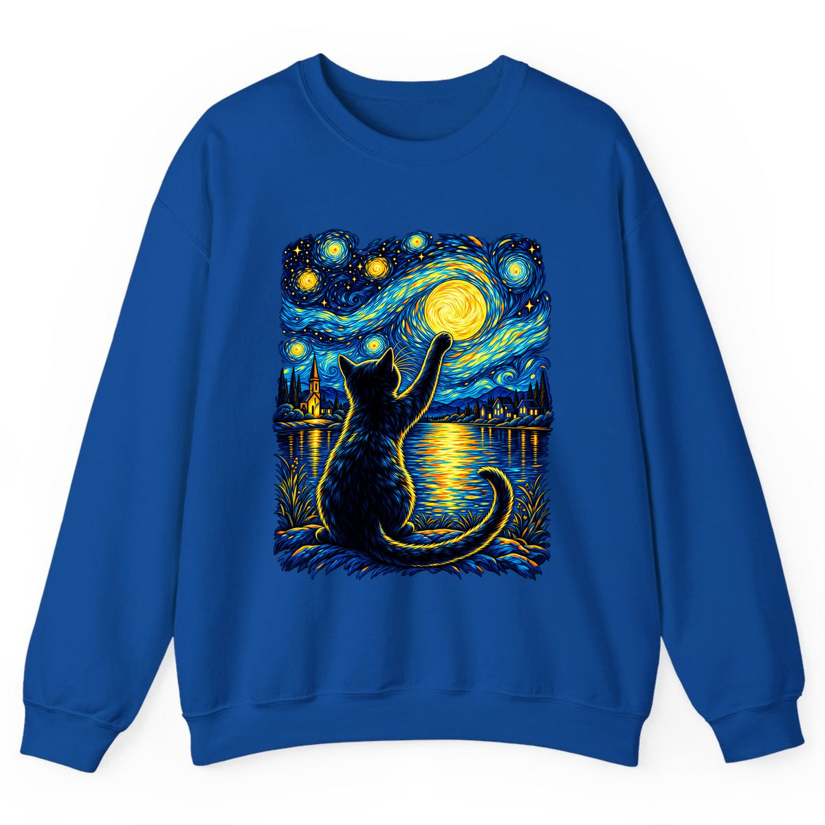 Starry Night Cat Reaching for the Moon Crewneck Sweatshirt - Royal