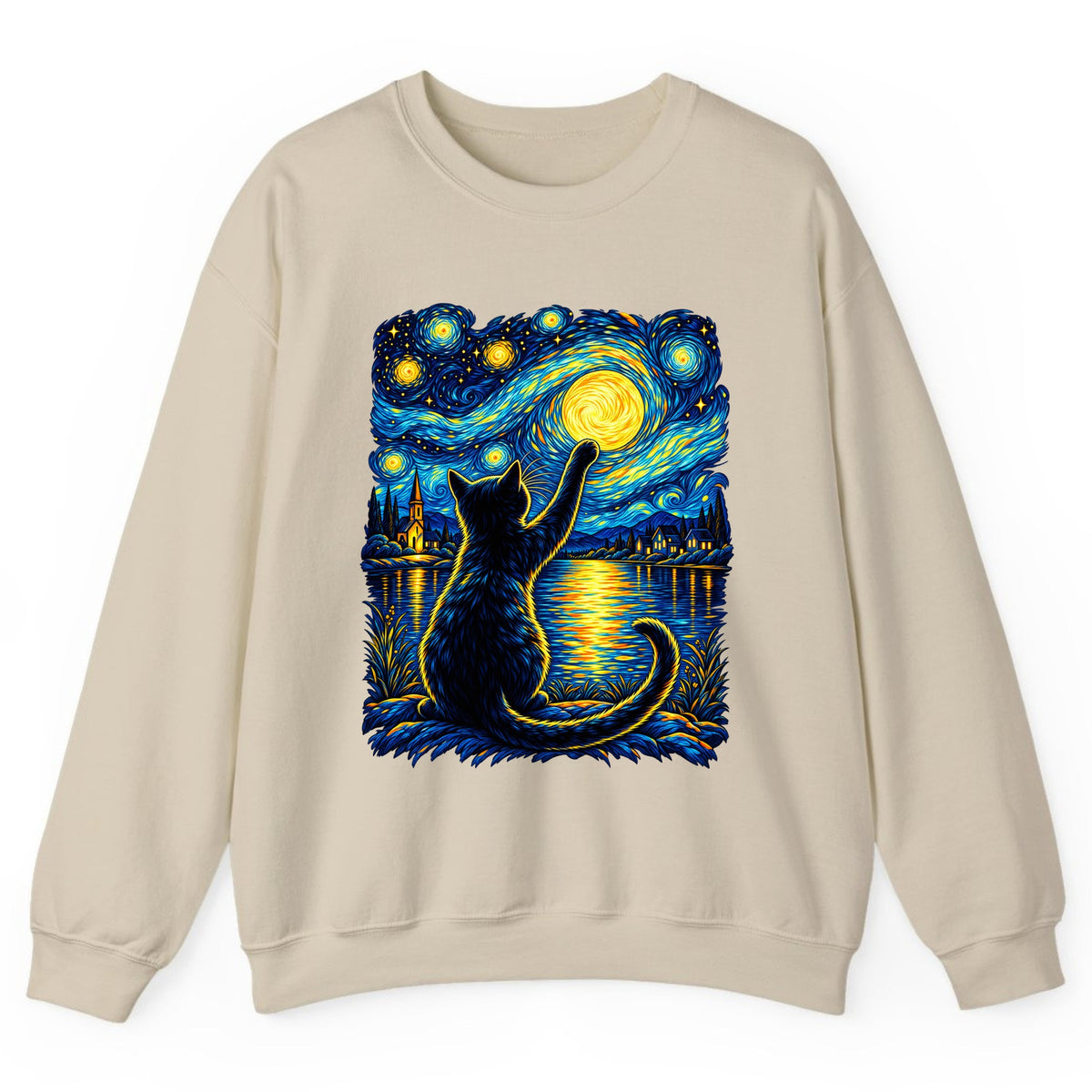Starry Night Cat Reaching for the Moon Crewneck Sweatshirt - Sand