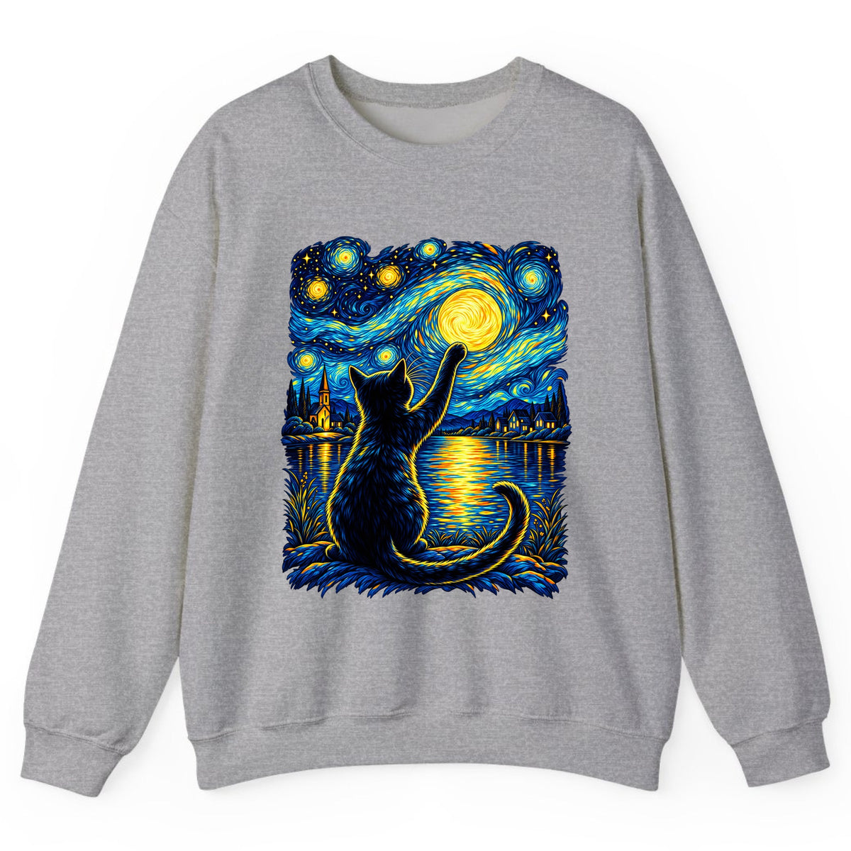 Starry Night Cat Reaching for the Moon Crewneck Sweatshirt - Sport Grey