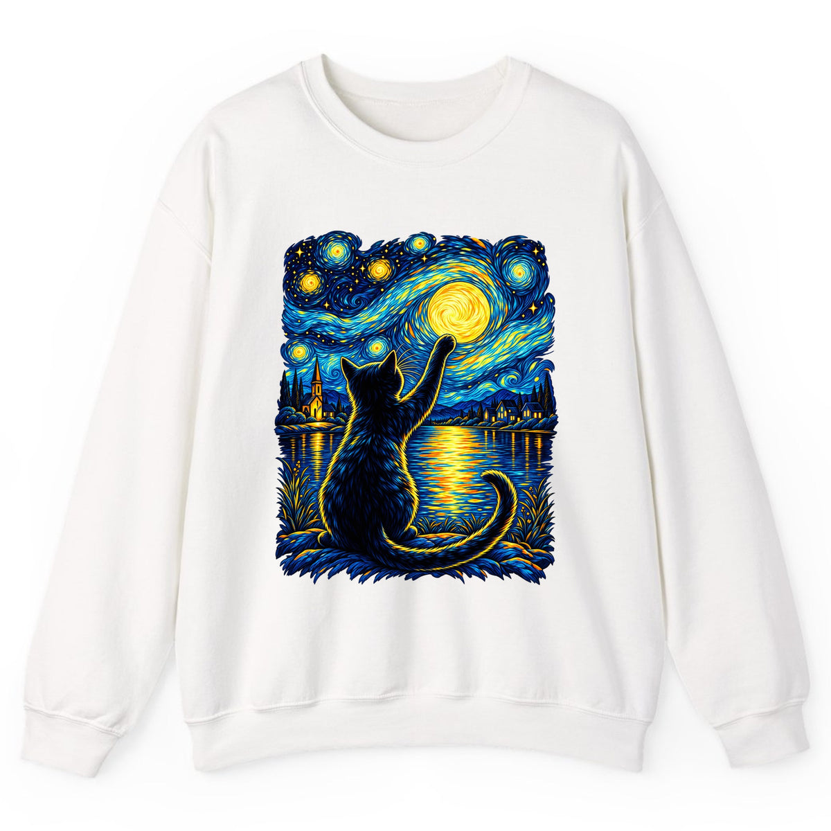 Starry Night Cat Reaching for the Moon Crewneck Sweatshirt - White