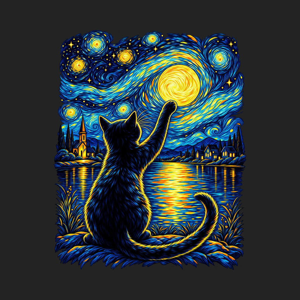Starry Night Cat Reaching for the Moon