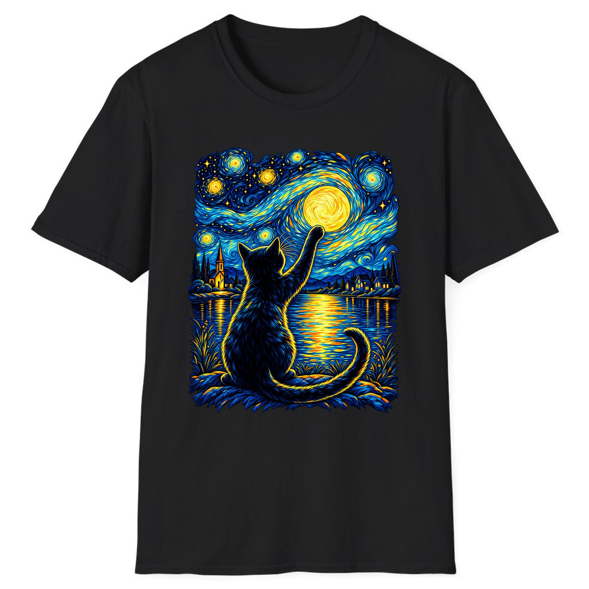 Starry Night Cat Reaching for the Moon Classic Tee - Black
