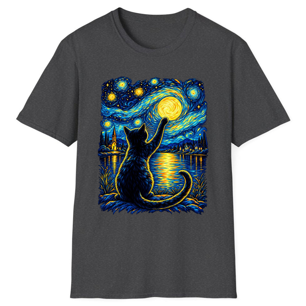 Starry Night Cat Reaching for the Moon Classic Tee - Dark Heather