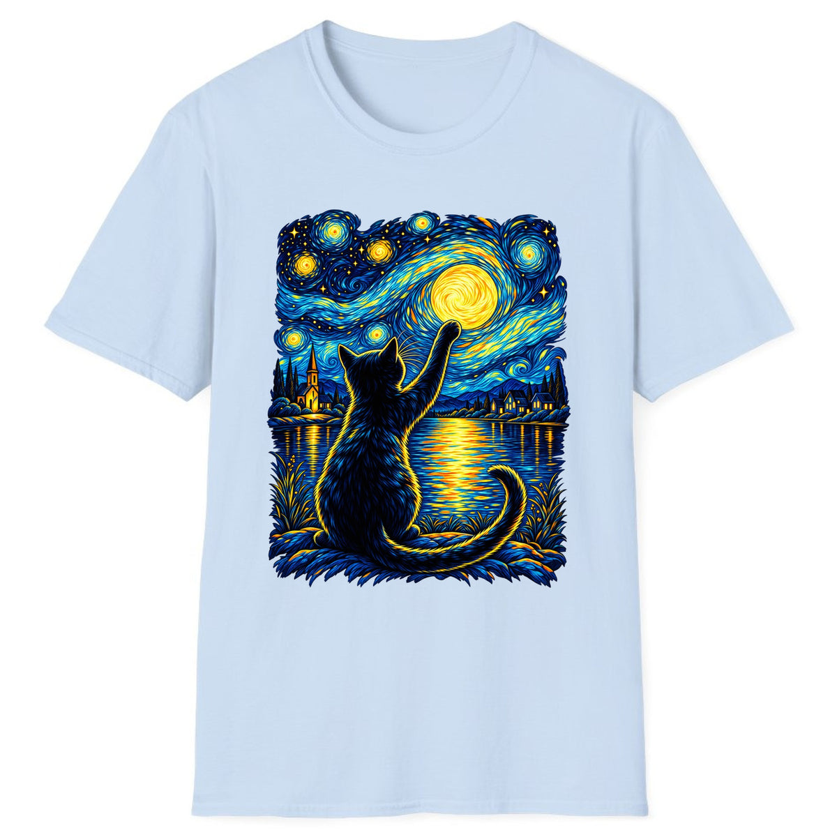 Starry Night Cat Reaching for the Moon Classic Tee - Light Blue