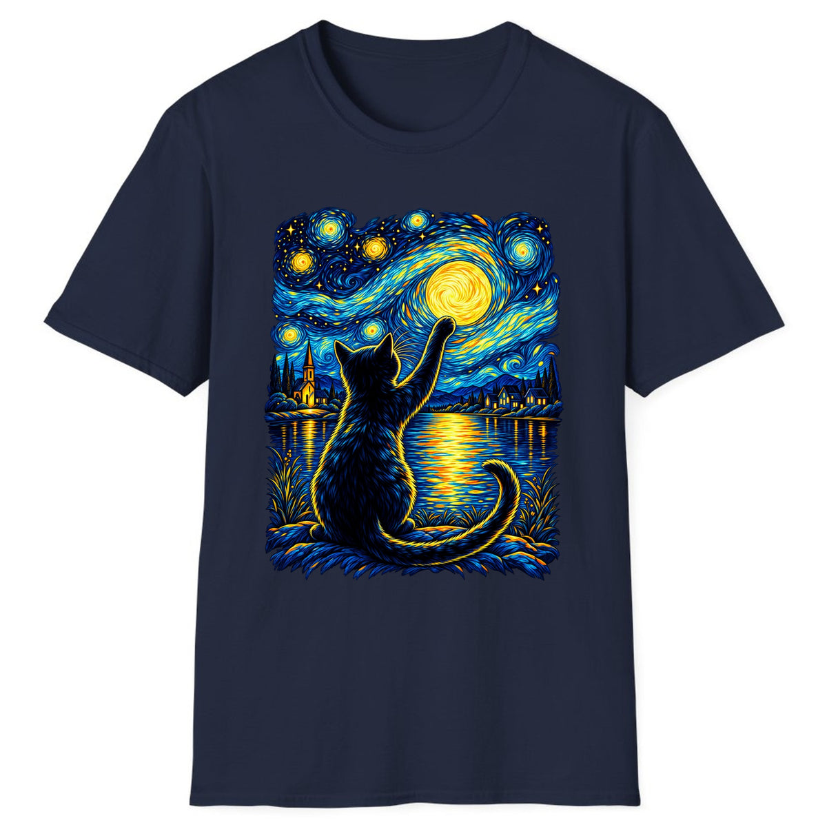 Starry Night Cat Reaching for the Moon Classic Tee - Navy