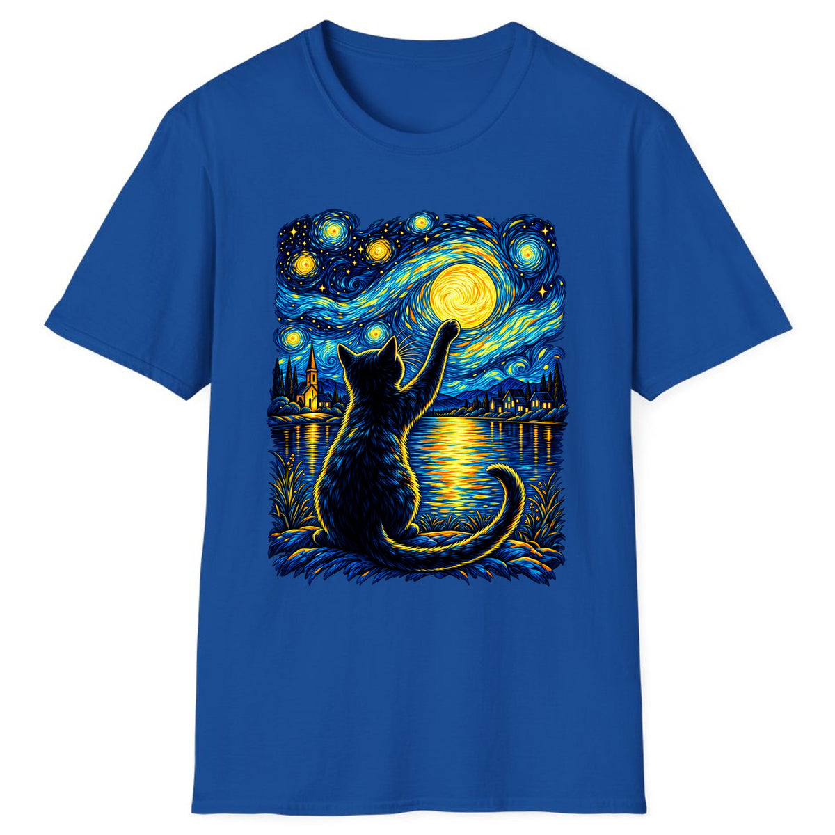 Starry Night Cat Reaching for the Moon Classic Tee - Royal
