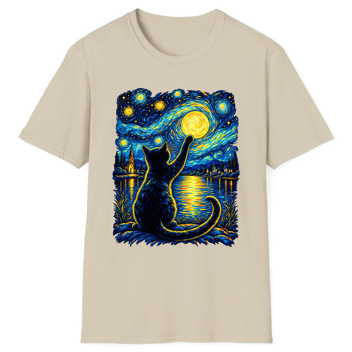 Starry Night Cat Reaching for the Moon Classic Tee - Sand