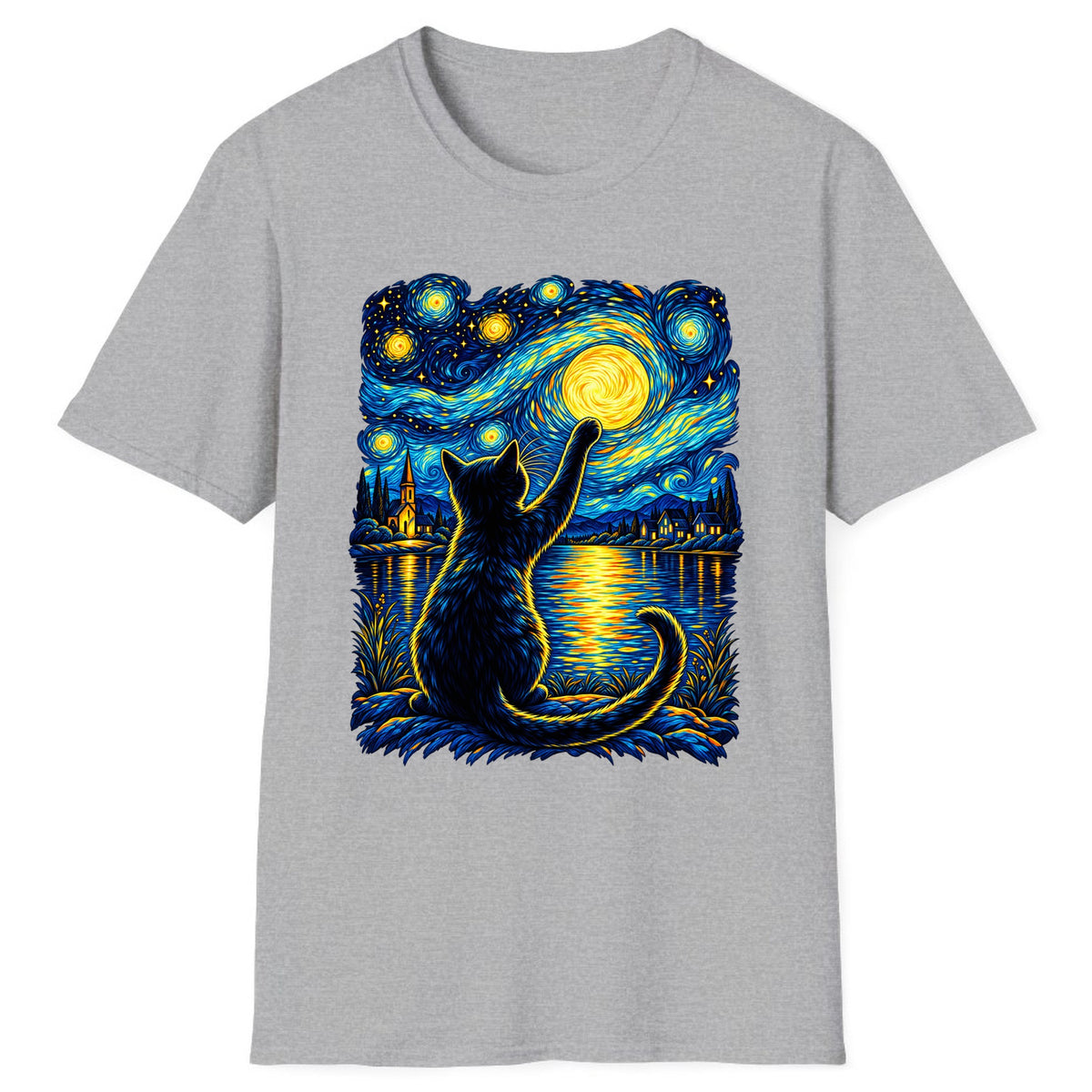 Starry Night Cat Reaching for the Moon Classic Tee - Sport Grey