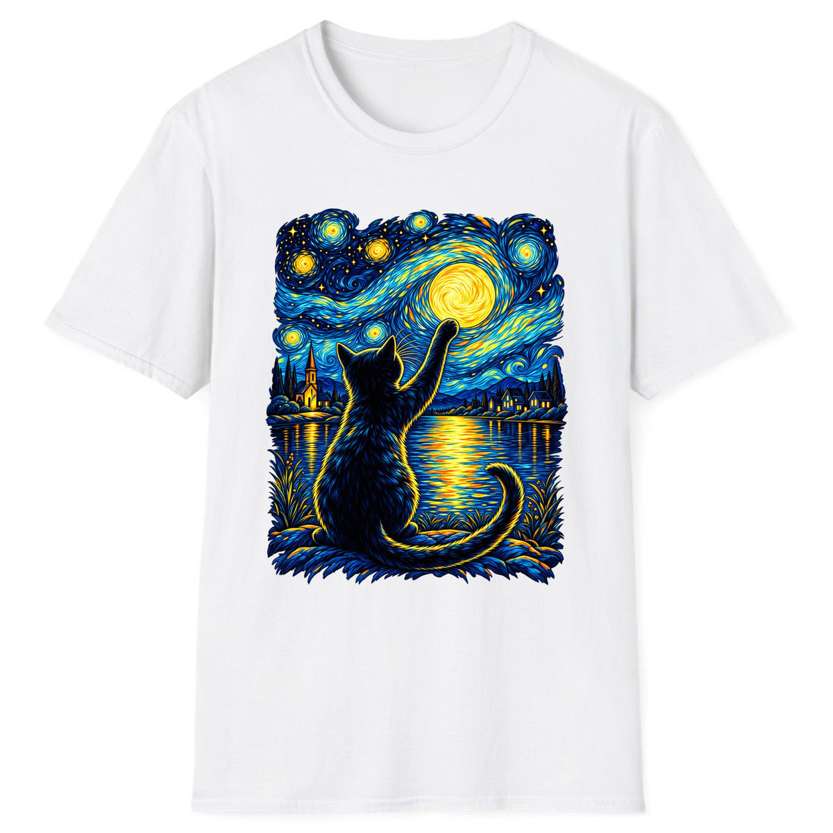 Starry Night Cat Reaching for the Moon Classic Tee - White