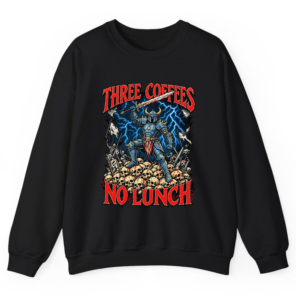 Three Coffees No Lunch Battle Knight Crewneck Sweatshirt - Black
