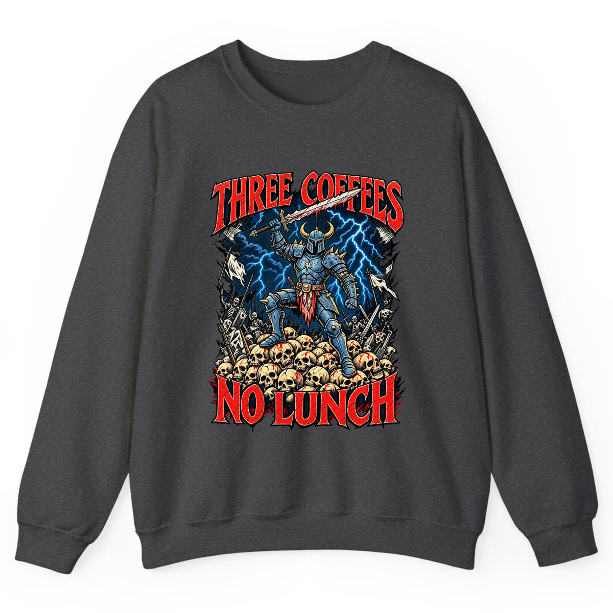 Three Coffees No Lunch Battle Knight Crewneck Sweatshirt - Dark Heather