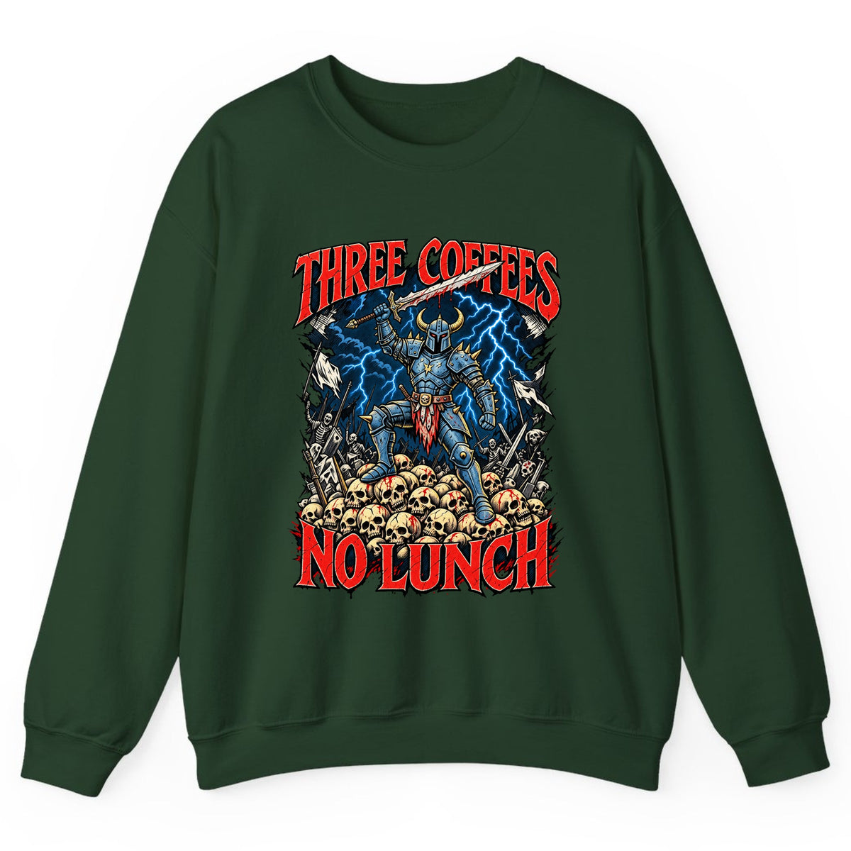Three Coffees No Lunch Battle Knight Crewneck Sweatshirt - Forest Green