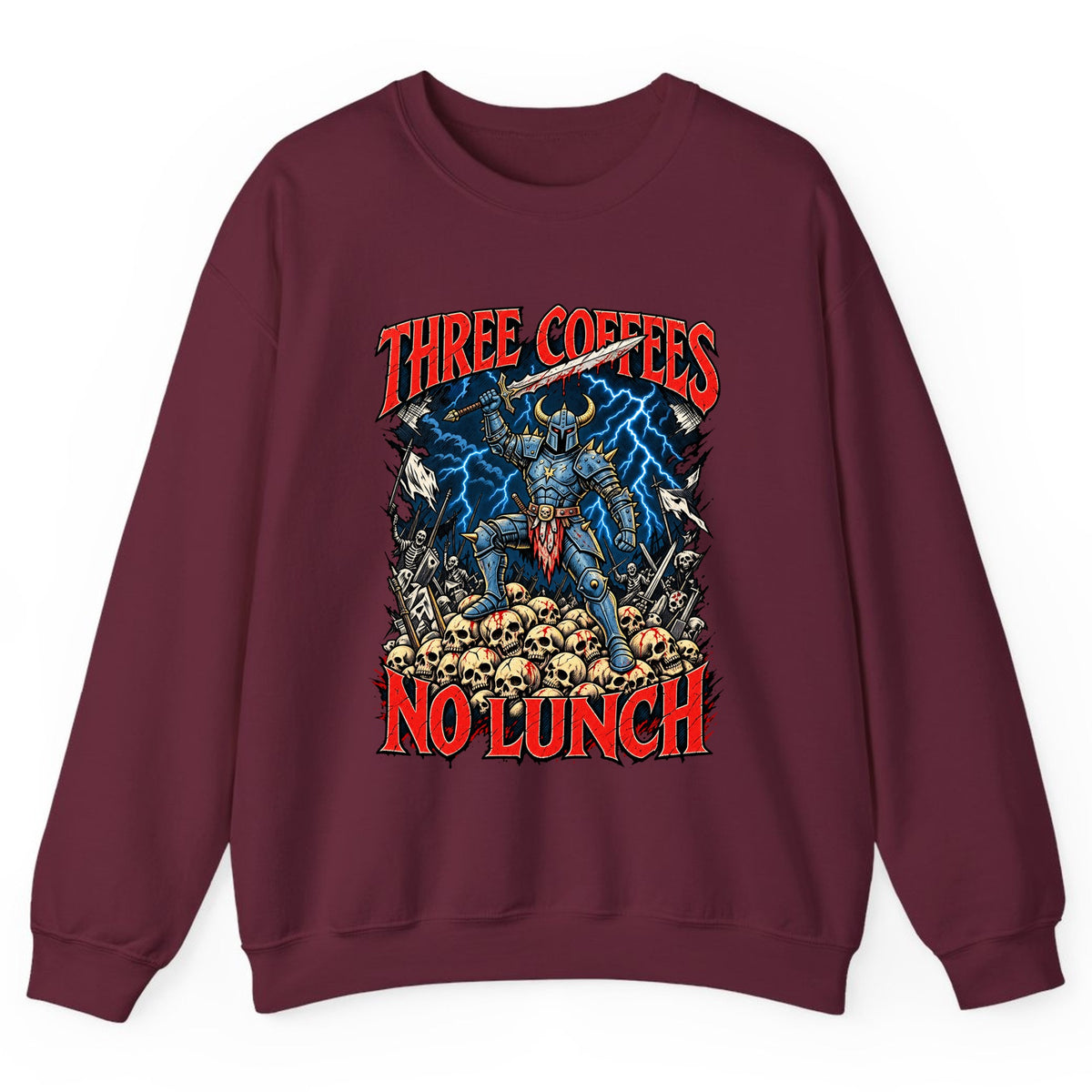 Three Coffees No Lunch Battle Knight Crewneck Sweatshirt - Maroon