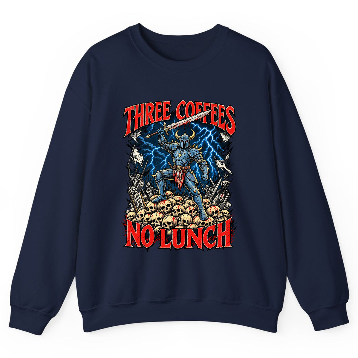 Three Coffees No Lunch Battle Knight Crewneck Sweatshirt - Navy