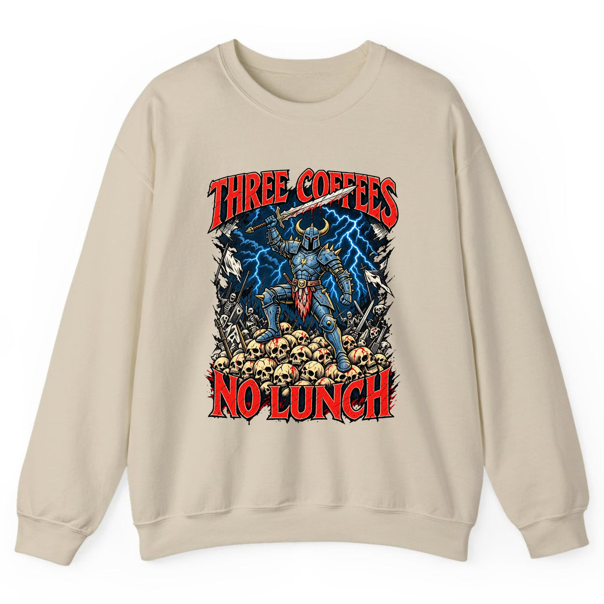 Three Coffees No Lunch Battle Knight Crewneck Sweatshirt - Sand