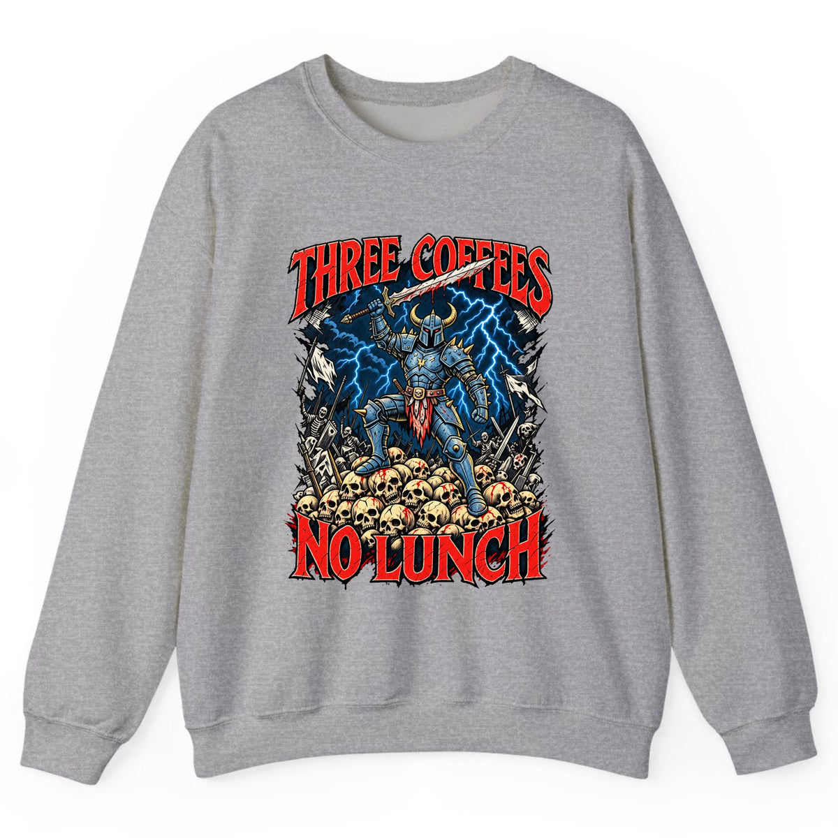 Three Coffees No Lunch Battle Knight Crewneck Sweatshirt - Sport Grey