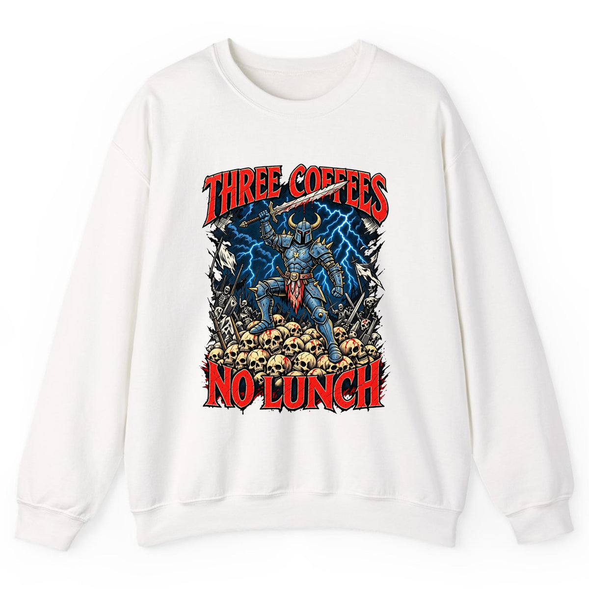 Three Coffees No Lunch Battle Knight Crewneck Sweatshirt - White