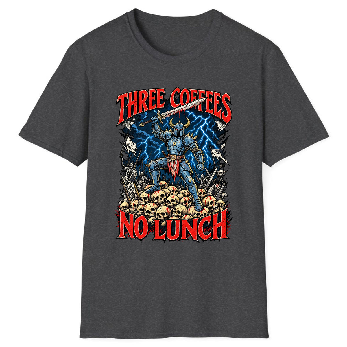 Three Coffees No Lunch Battle Knight Classic Tee - Dark Heather