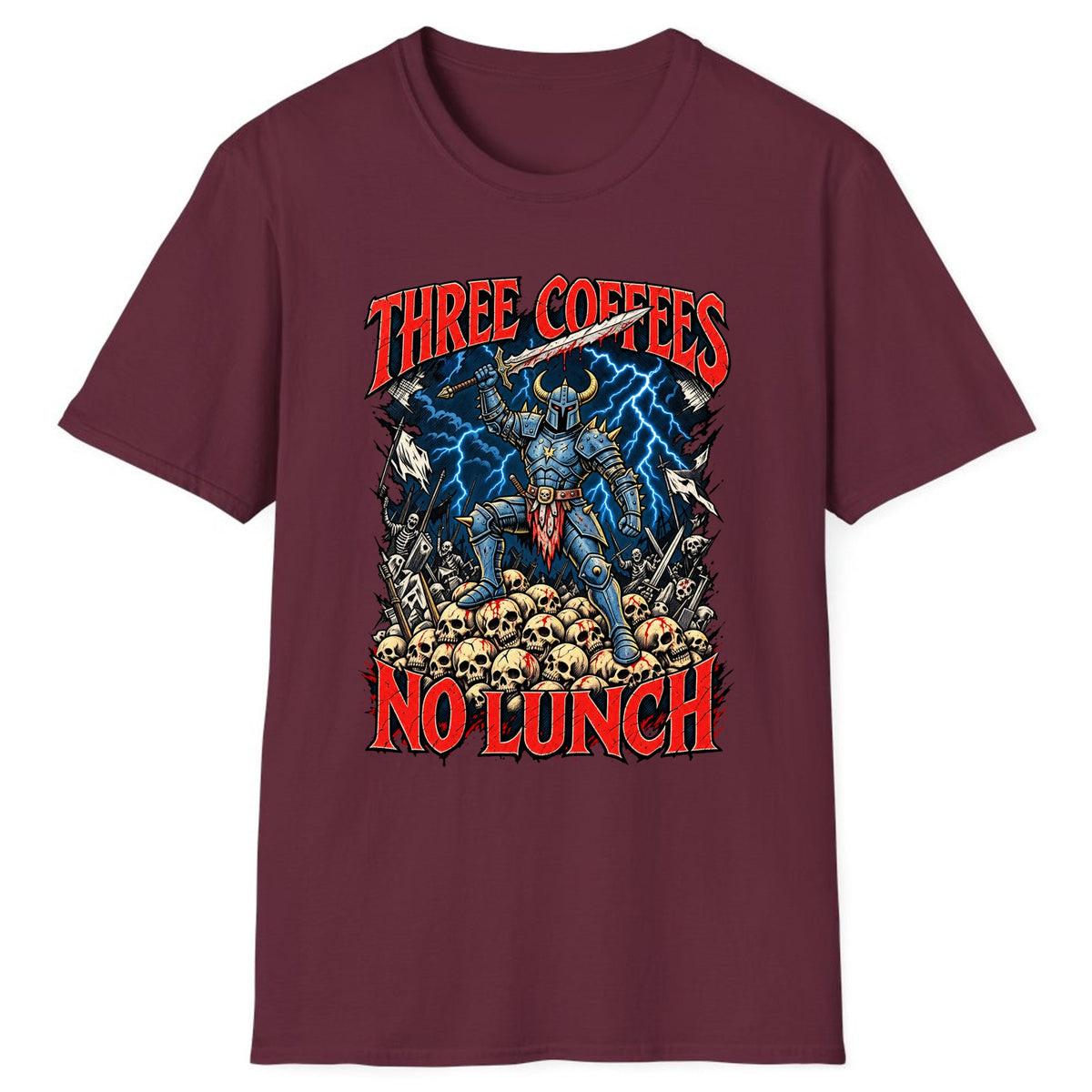Three Coffees No Lunch Battle Knight Classic Tee - Maroon