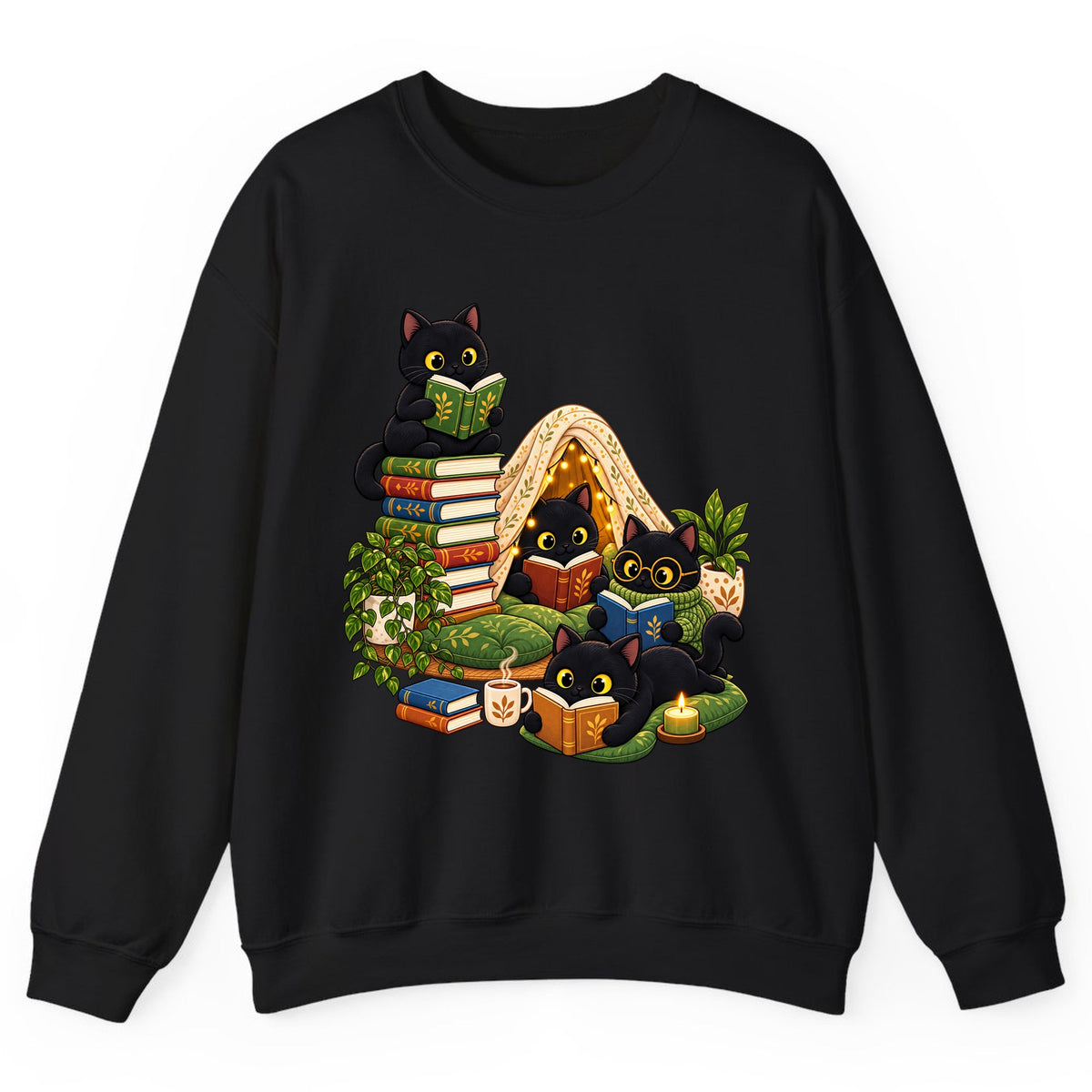 Cozy Black Cats Reading Nook Crewneck Sweatshirt - Black