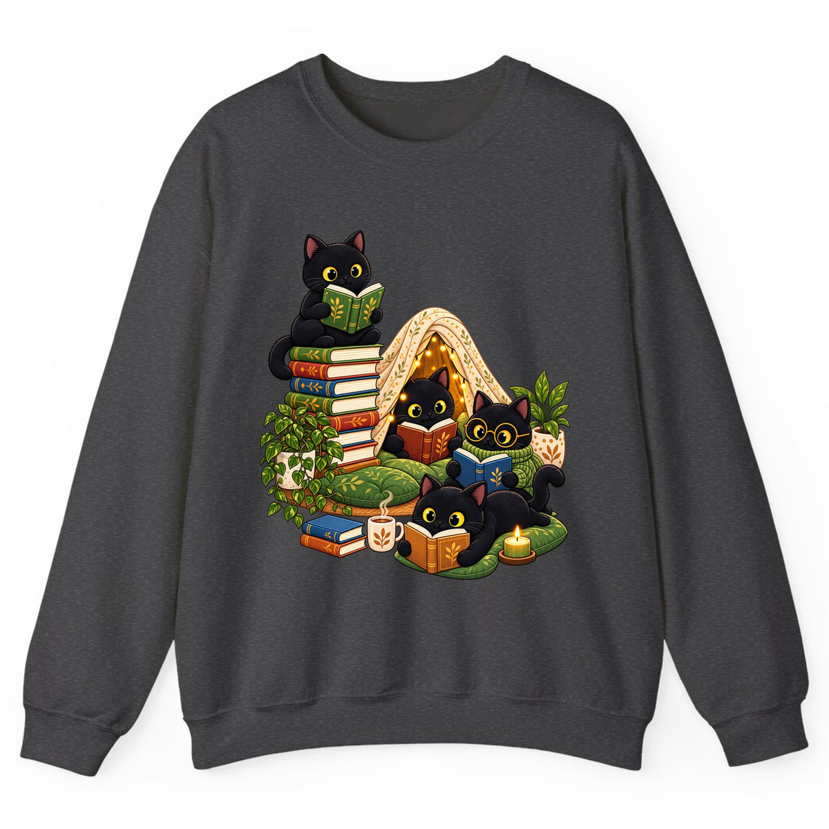 Cozy Black Cats Reading Nook Crewneck Sweatshirt - Dark Heather