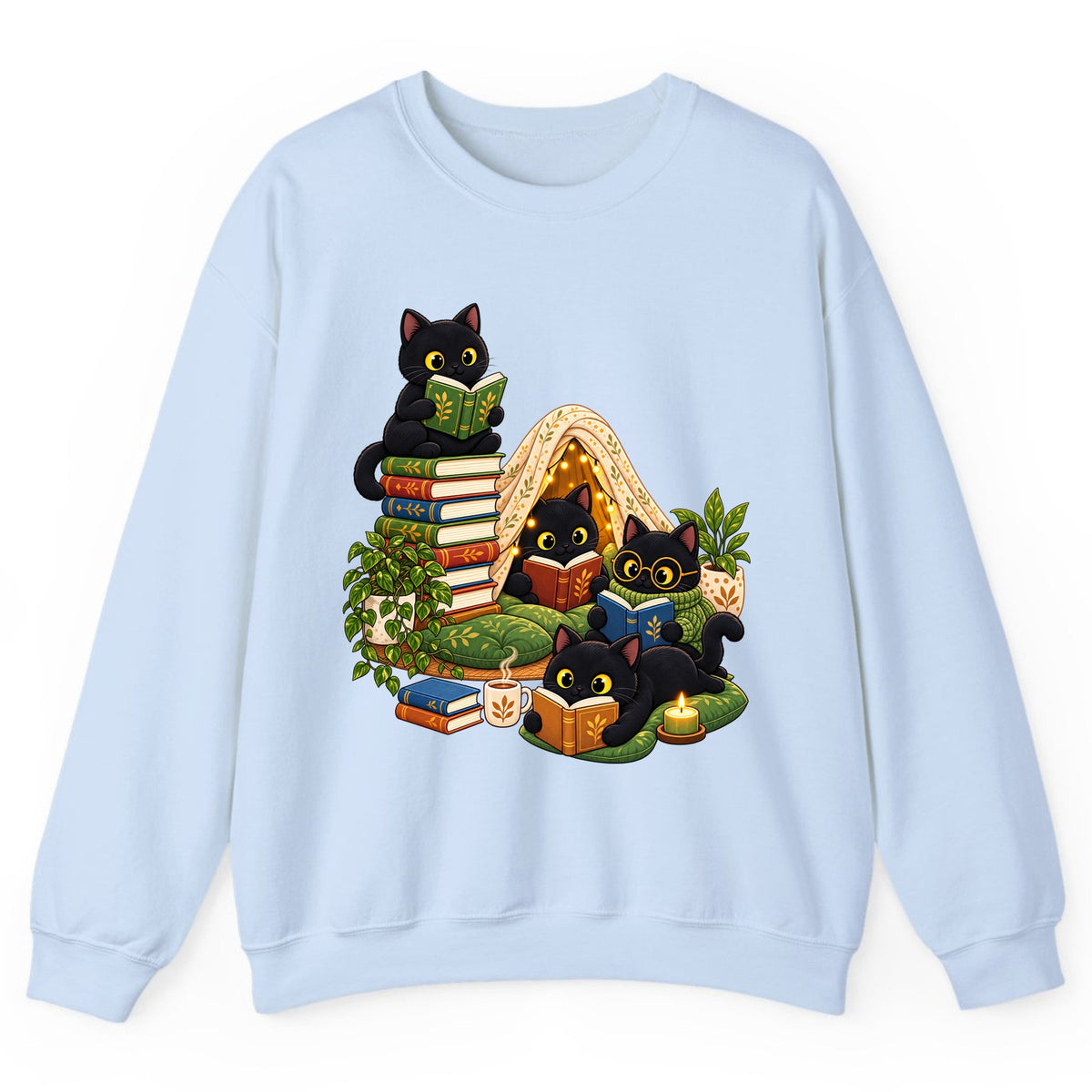 Cozy Black Cats Reading Nook Crewneck Sweatshirt - Light Blue
