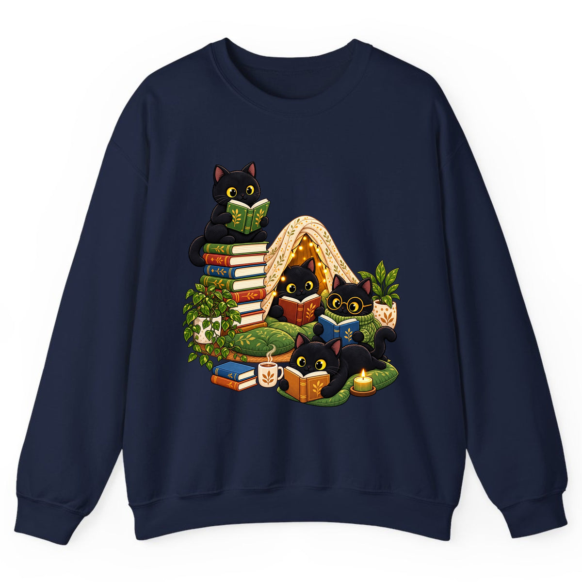 Cozy Black Cats Reading Nook Crewneck Sweatshirt - Navy