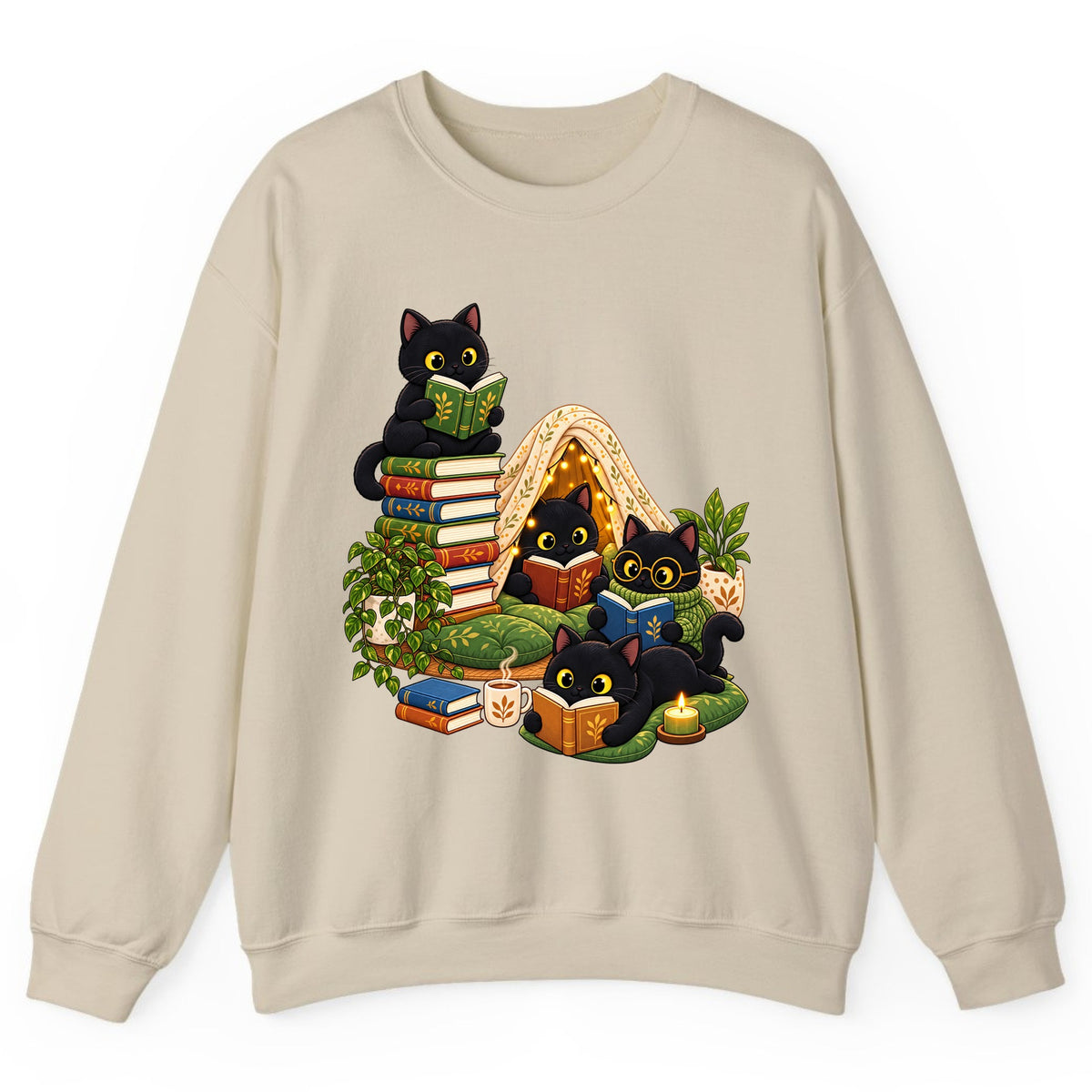 Cozy Black Cats Reading Nook Crewneck Sweatshirt - Sand