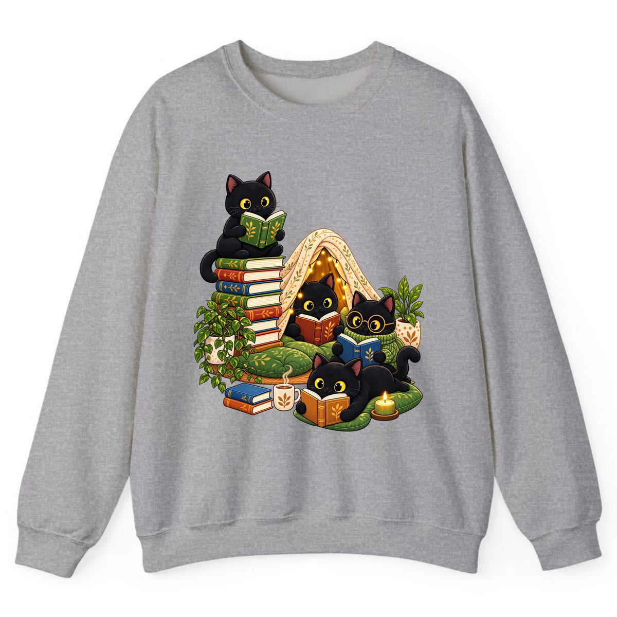 Cozy Black Cats Reading Nook Crewneck Sweatshirt - Sport Grey