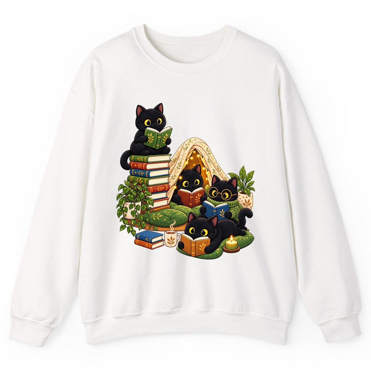 Cozy Black Cats Reading Nook Crewneck Sweatshirt - White