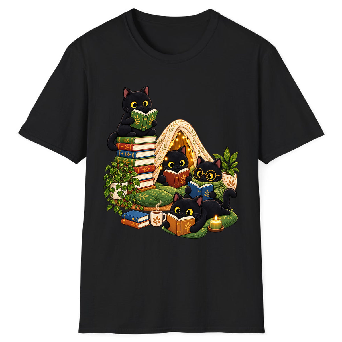 Cozy Black Cats Reading Nook Classic Tee - Black