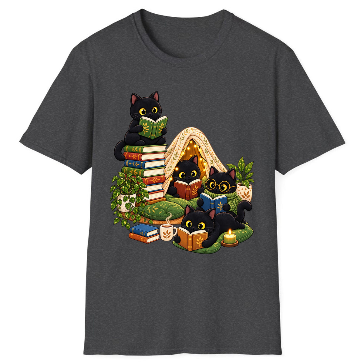 Cozy Black Cats Reading Nook Classic Tee - Dark Heather