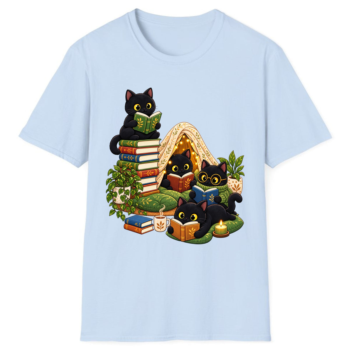 Cozy Black Cats Reading Nook Classic Tee - Light Blue