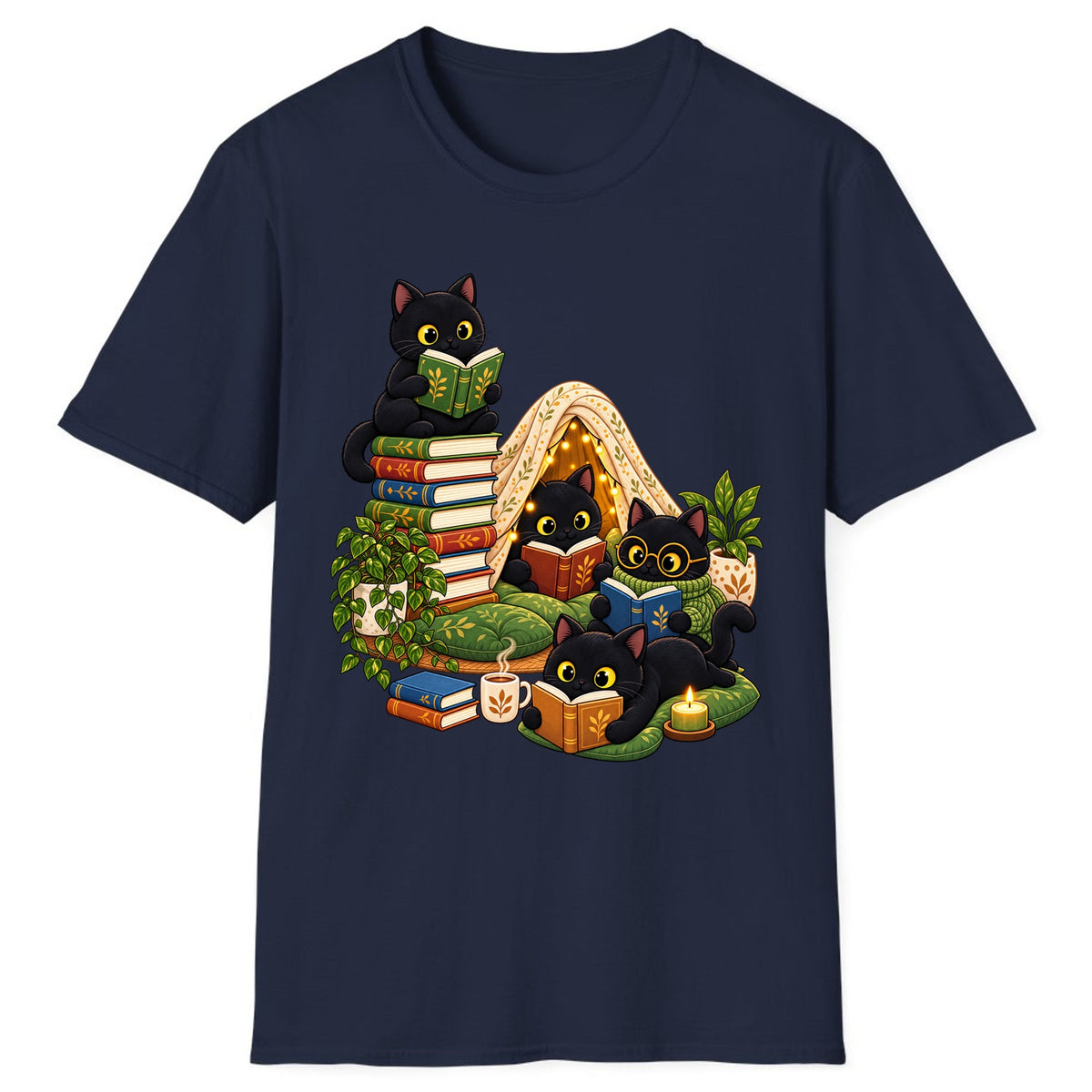 Cozy Black Cats Reading Nook Classic Tee - Navy