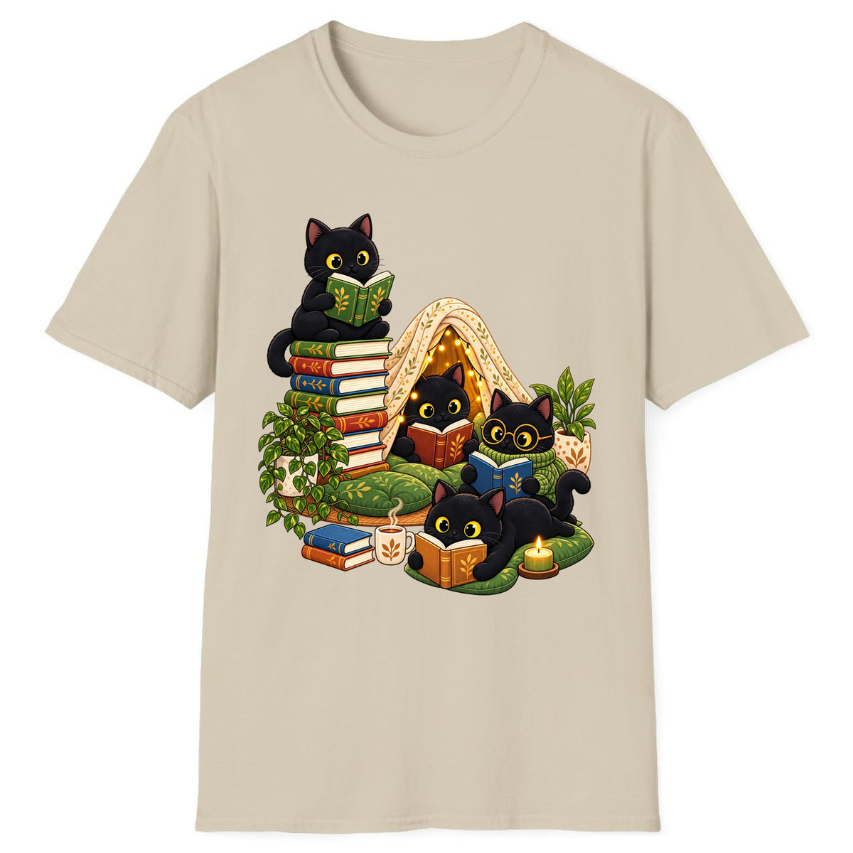 Cozy Black Cats Reading Nook Classic Tee - Sand