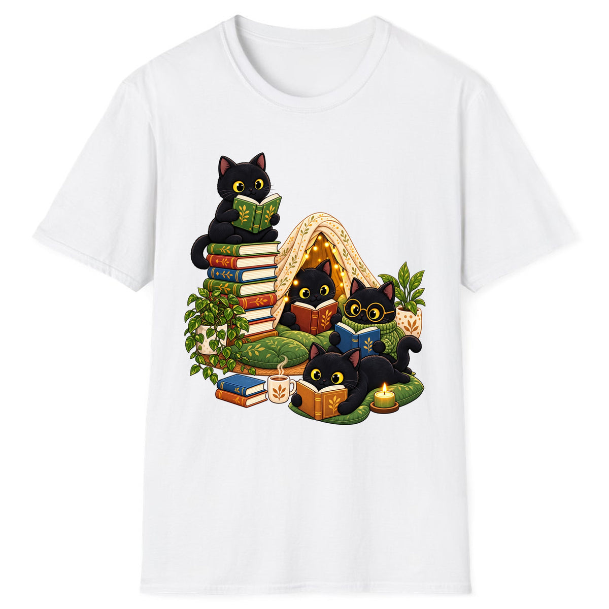 Cozy Black Cats Reading Nook Classic Tee - White