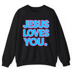 Jesus Loves You Bold Retro Lettering Crewneck Sweatshirt - Black