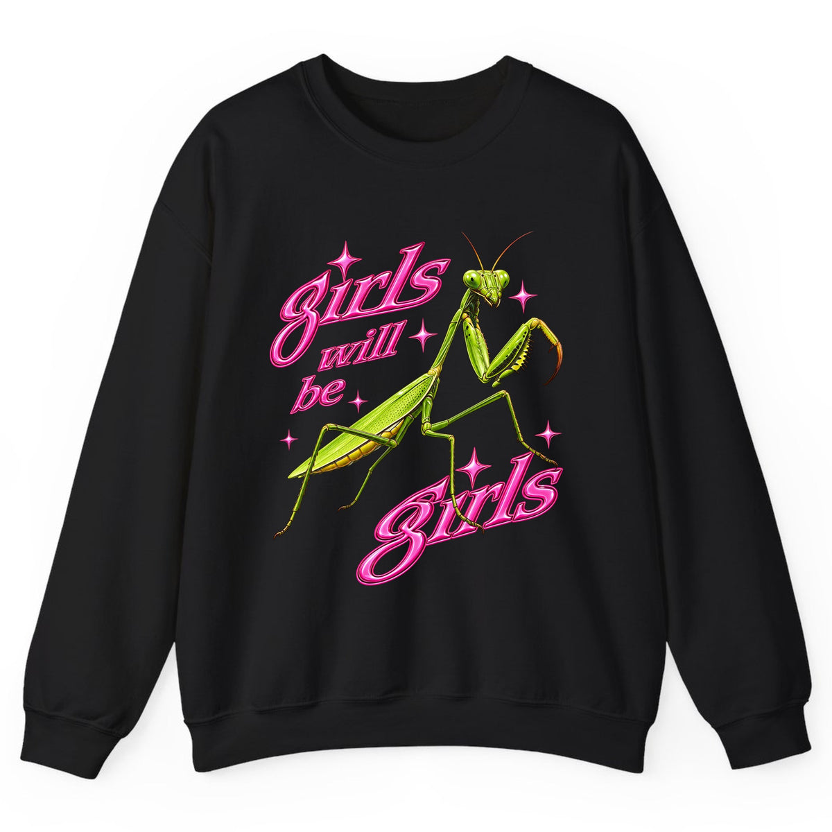 Girls Will Be Girls Praying Mantis Crewneck Sweatshirt - Black