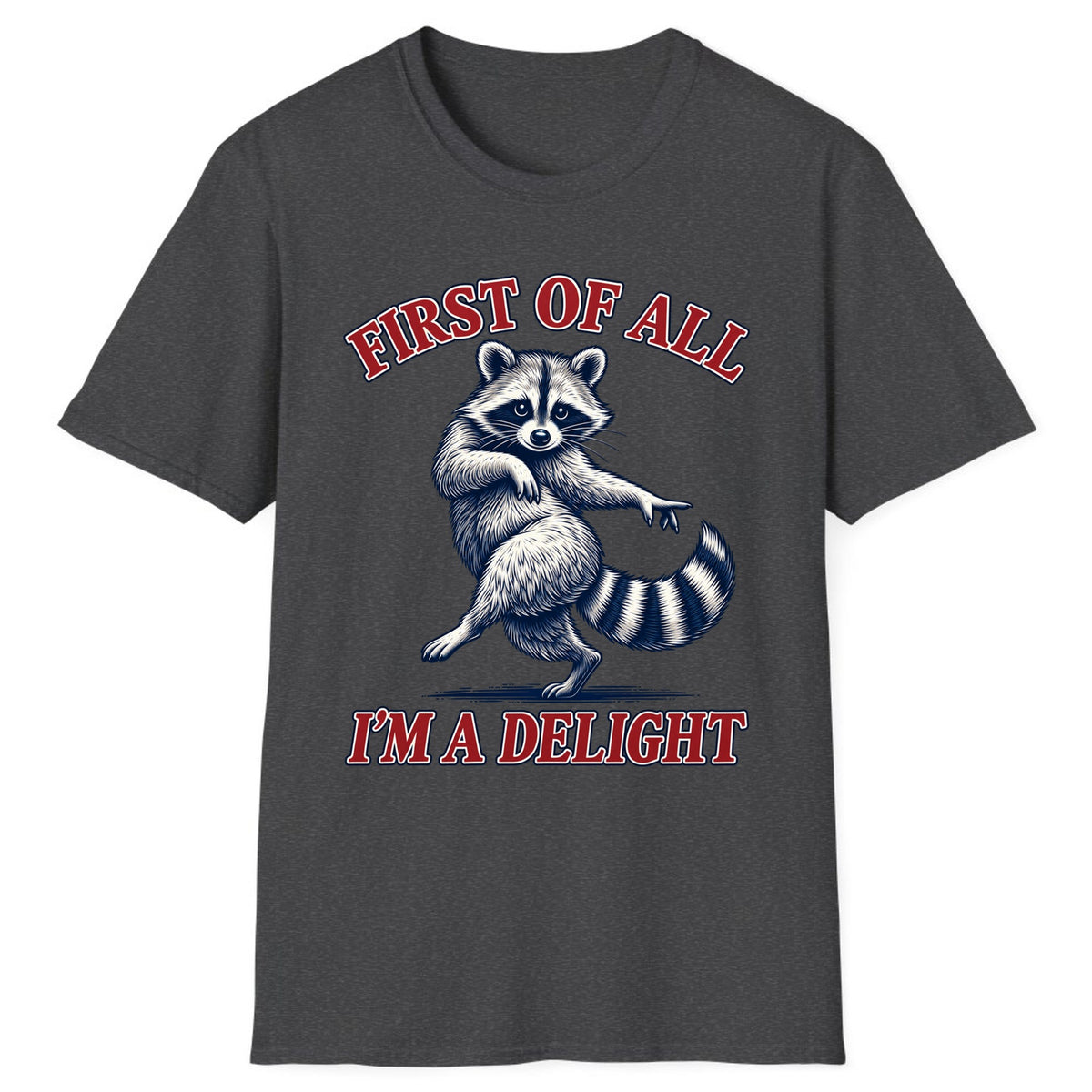 First Of All I'm A Delight Raccoon Classic Tee - Dark Heather