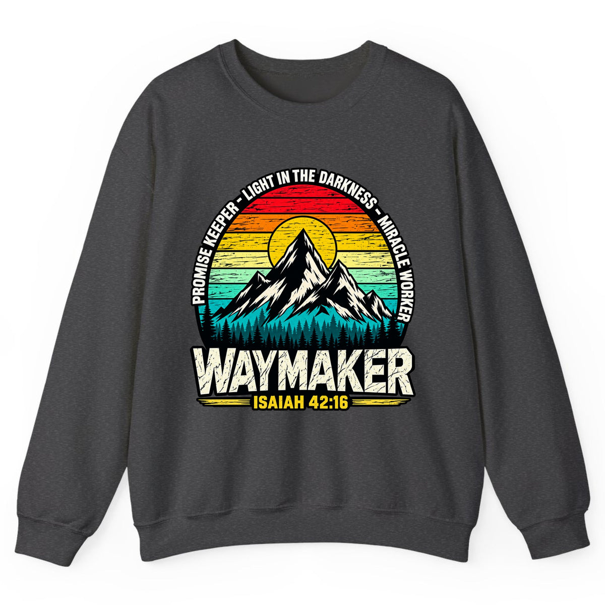 Waymaker Isaiah 42:16 Mountain Sunset Crewneck Sweatshirt - Dark Heather