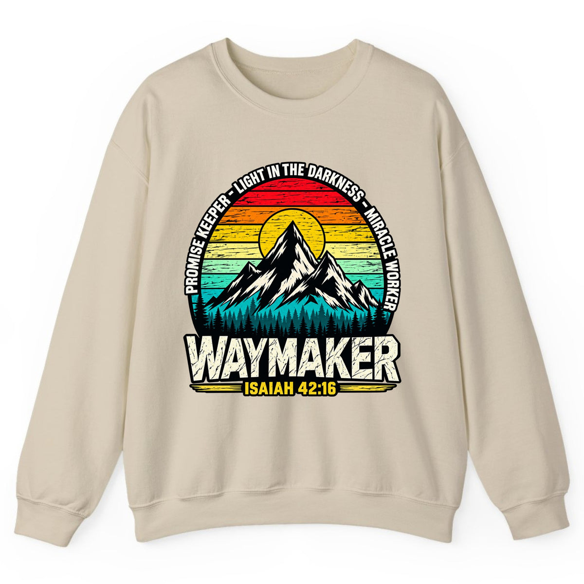 Waymaker Isaiah 42:16 Mountain Sunset Crewneck Sweatshirt - Sand