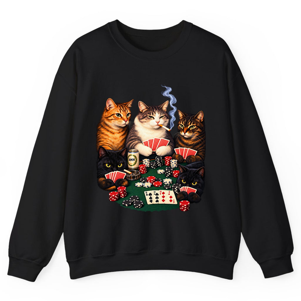 Poker Cats Game Night Crewneck Sweatshirt - Black
