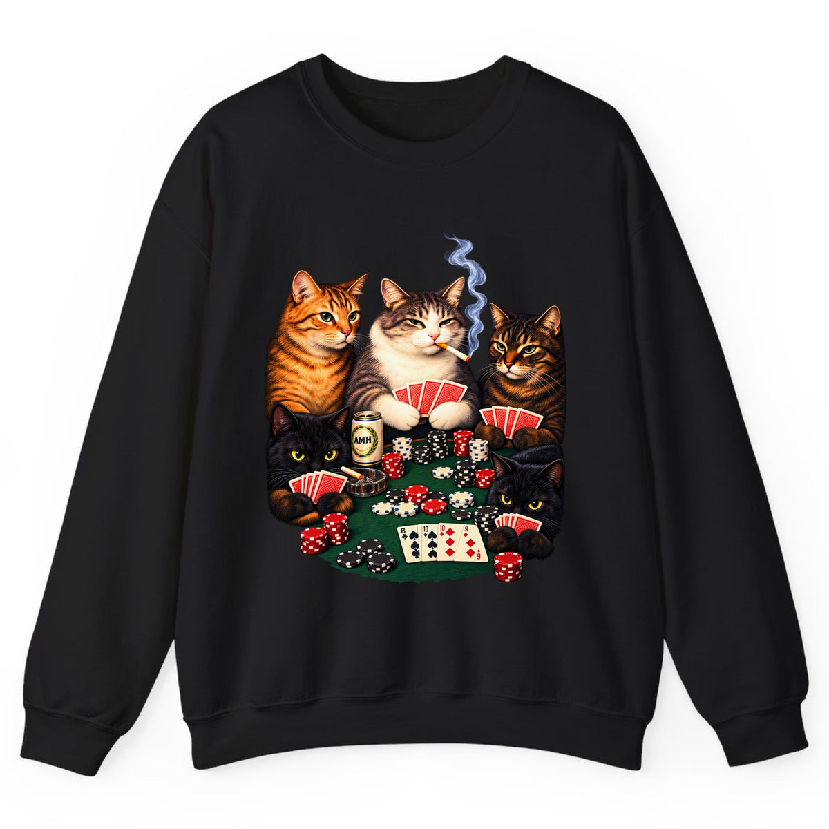 Poker Cats Game Night Crewneck Sweatshirt - Black