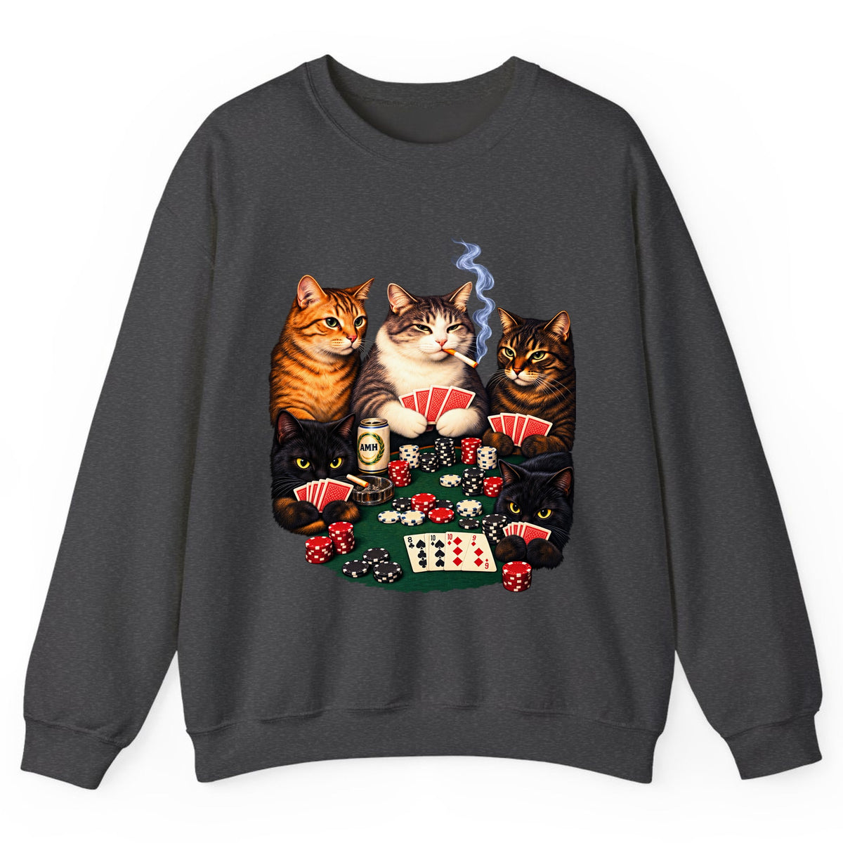 Poker Cats Game Night Crewneck Sweatshirt - Dark Heather