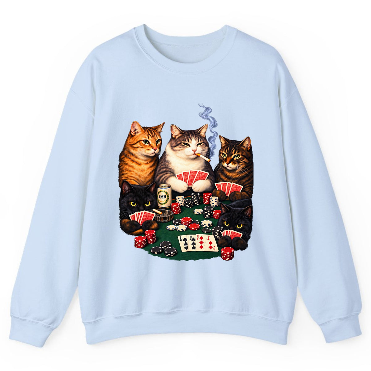Poker Cats Game Night Crewneck Sweatshirt - Light Blue