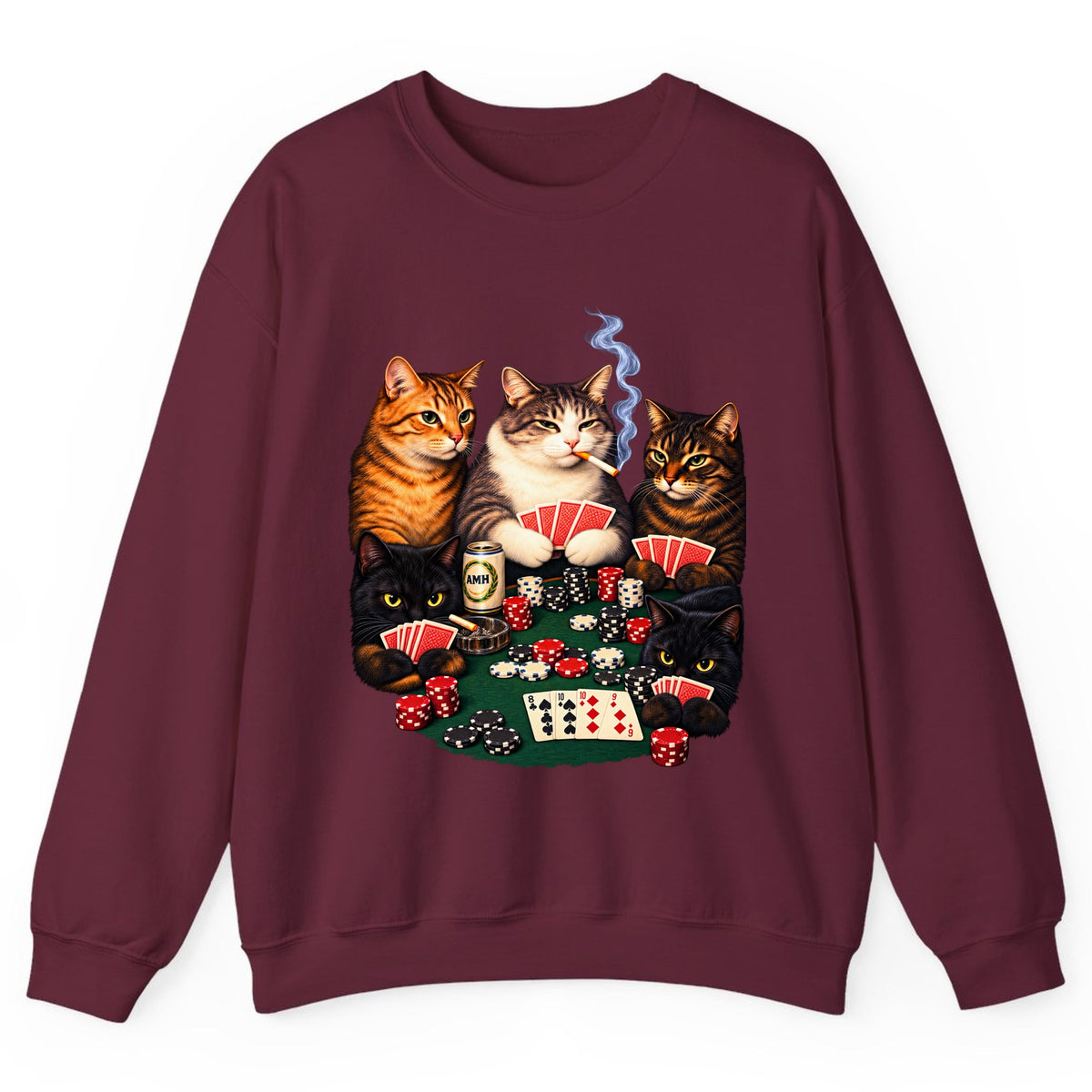 Poker Cats Game Night Crewneck Sweatshirt - Maroon